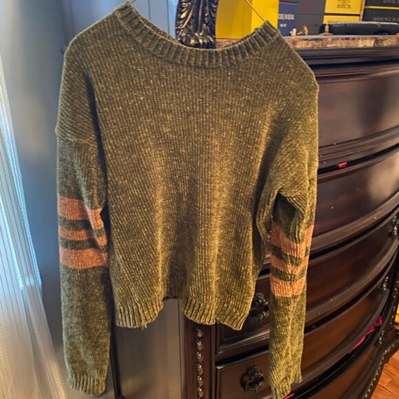 Olive Green Women's Sweater with Striped Sleeves - Picture 3 of 3